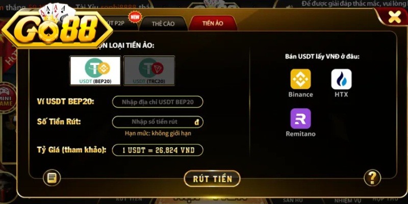 Thao tác rút tiền Go88 trên từng phương thức cụ thể